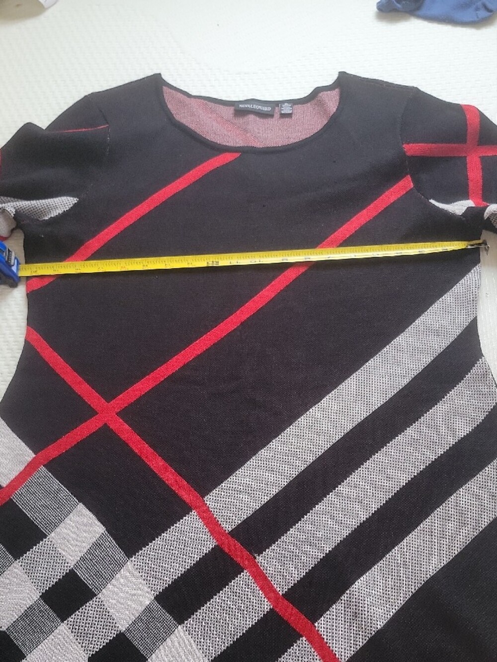 Nina Leonard Black Knit Midi Dress with Black,  Red and White Plaid Stripes - Picture 10 of 16